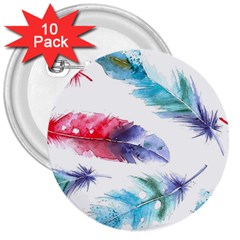 Feathers Boho Style Purple Red And Blue Watercolor 3  Buttons (10 Pack)  by genx