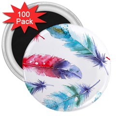 Feathers Boho Style Purple Red And Blue Watercolor 3  Magnets (100 Pack) by genx