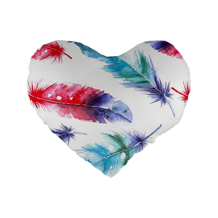 Feathers Boho Style Purple Red and Blue Watercolor Standard 16  Premium Flano Heart Shape Cushions