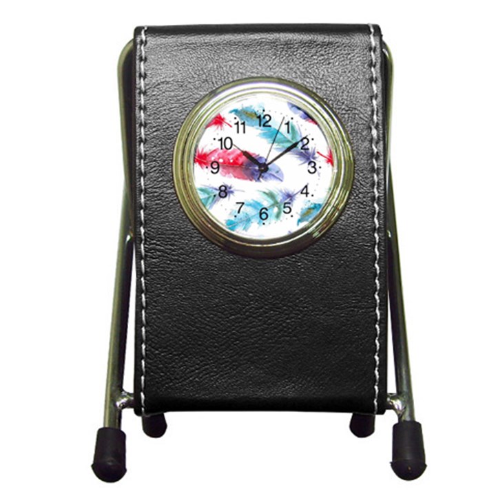 Feathers Boho Style Purple Red and Blue Watercolor Pen Holder Desk Clock