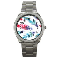 Feathers Boho Style Purple Red And Blue Watercolor Sport Metal Watch by genx