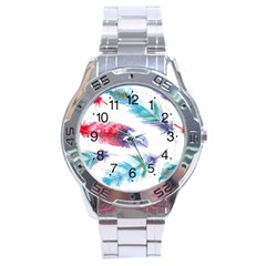 Feathers Boho Style Purple Red And Blue Watercolor Stainless Steel Analogue Watch by genx