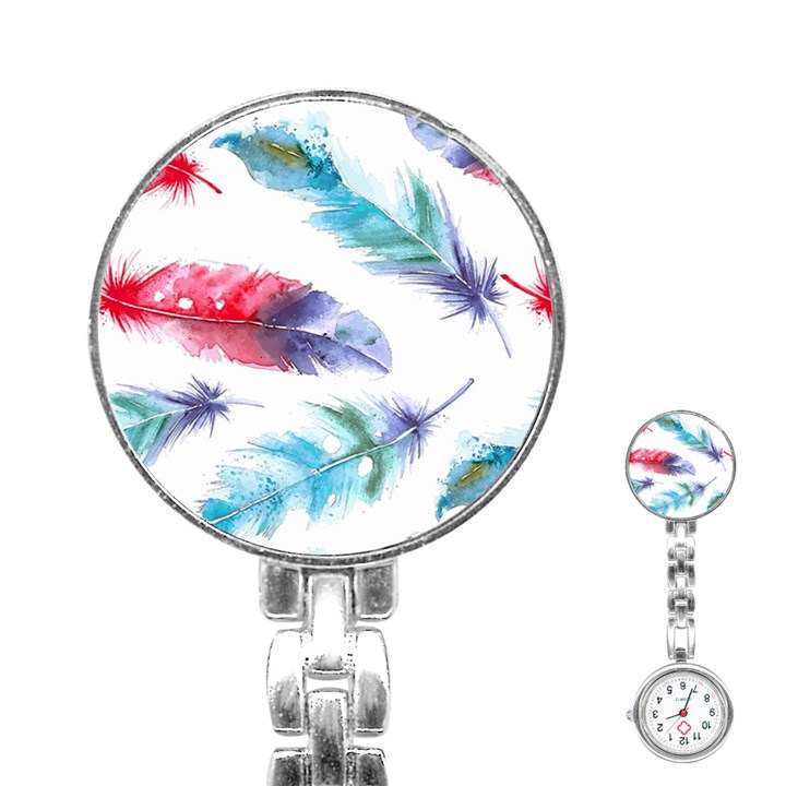 Feathers Boho Style Purple Red and Blue Watercolor Stainless Steel Nurses Watch