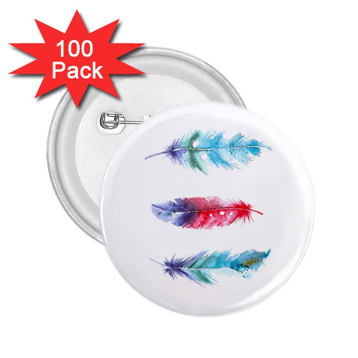 Feathers Boho Style Purple Red and Blue Watercolor 2.25  Buttons (100 pack) 