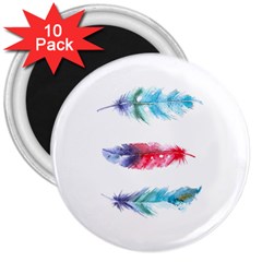 Feathers Boho Style Purple Red And Blue Watercolor 3  Magnets (10 Pack)  by genx