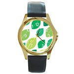 Leaves Green Modern Pattern Naive retro leaf organic Round Gold Metal Watch Front