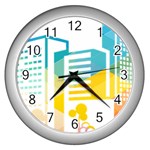 Silhouette Cityscape Building Icon Color City Wall Clock (Silver) Front