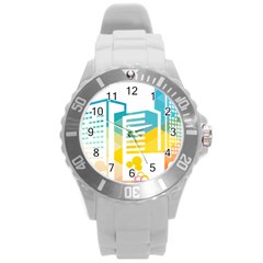 Silhouette Cityscape Building Icon Color City Round Plastic Sport Watch (l) by Sudhe