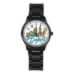 Burj Khalifa Skyline Clip Art Drawing Comic World Stainless Steel Round Watch by Sudhe