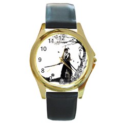 Japan Samurai Drawing   Warrior Round Gold Metal Watch by Sudhe