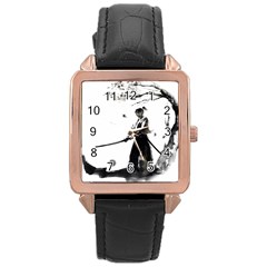 Japan Samurai Drawing   Warrior Rose Gold Leather Watch  by Sudhe