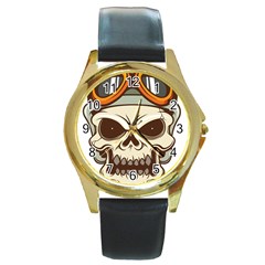 Motorcycle Helmet Skull Clip Art Cranial Skeleton Round Gold Metal Watch by Sudhe