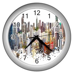 Hong Kong Skyline Watercolor Painting Poster Wall Clock (silver) by Sudhe