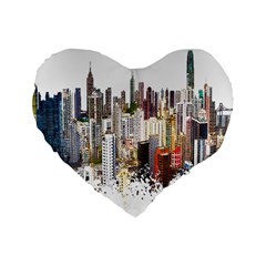 Hong Kong Skyline Watercolor Painting Poster Standard 16  Premium Heart Shape Cushions by Sudhe