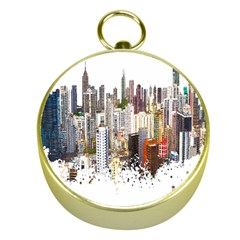 Hong Kong Skyline Watercolor Painting Poster Gold Compasses by Sudhe