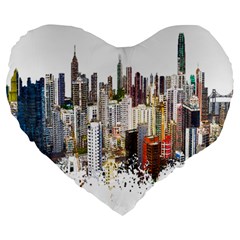 Hong Kong Skyline Watercolor Painting Poster Large 19  Premium Flano Heart Shape Cushions by Sudhe