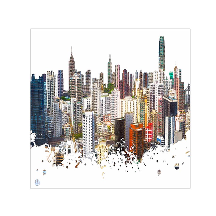 Hong Kong Skyline Watercolor Painting Poster Small Satin Scarf (Square)