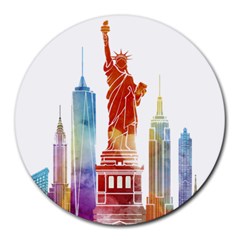 New York City Poster Watercolor Painting Illustrat Round Mousepads by Sudhe