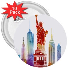 New York City Poster Watercolor Painting Illustrat 3  Buttons (10 Pack)  by Sudhe