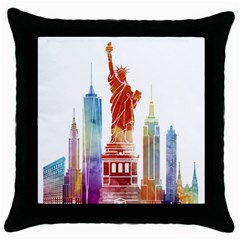 New York City Poster Watercolor Painting Illustrat Throw Pillow Case (black) by Sudhe