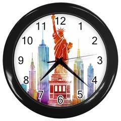 New York City Poster Watercolor Painting Illustrat Wall Clock (black) by Sudhe