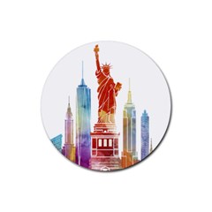 New York City Poster Watercolor Painting Illustrat Rubber Round Coaster (4 Pack)  by Sudhe