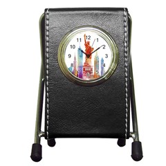 New York City Poster Watercolor Painting Illustrat Pen Holder Desk Clock by Sudhe