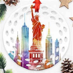 New York City Poster Watercolor Painting Illustrat Round Filigree Ornament (two Sides) by Sudhe