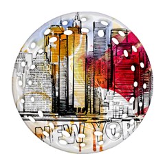 New York City Skyline Vector Illustration Round Filigree Ornament (two Sides) by Sudhe