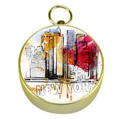 New York City Skyline Vector Illustration Gold Compasses