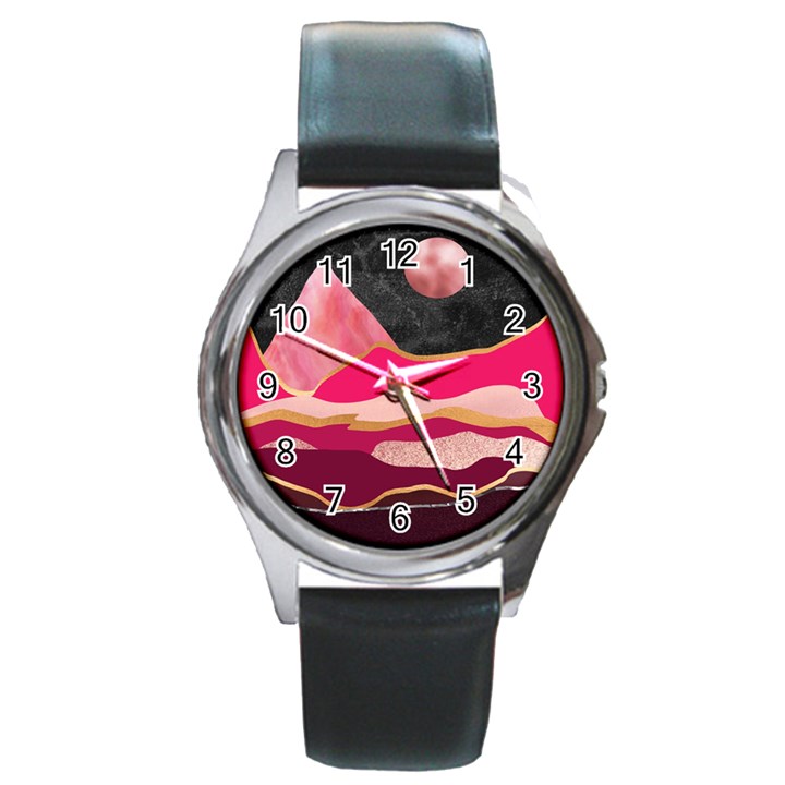 Pink and black abstract mountain landscape Round Metal Watch