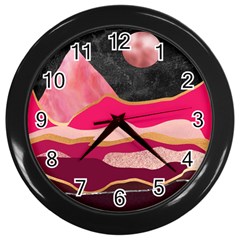 Pink And Black Abstract Mountain Landscape Wall Clock (black) by charliecreates