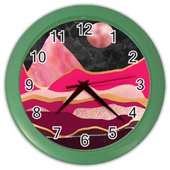 Pink And Black Abstract Mountain Landscape Color Wall Clock by charliecreates