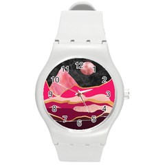 Pink And Black Abstract Mountain Landscape Round Plastic Sport Watch (m)