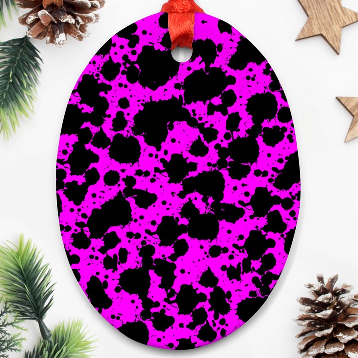 Black and Pink Leopard Style Paint Splash Funny Pattern Oval Ornament (Two Sides)