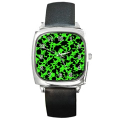 Black And Green Leopard Style Paint Splash Funny Pattern Square Metal Watch by yoursparklingshop