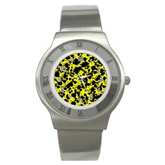 Black And Yellow Leopard Style Paint Splash Funny Pattern  Stainless Steel Watch by yoursparklingshop