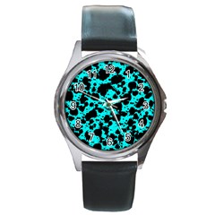 Bright Turquoise And Black Leopard Style Paint Splash Funny Pattern Round Metal Watch by yoursparklingshop