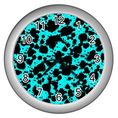 Bright Turquoise And Black Leopard Style Paint Splash Funny Pattern Wall Clock (silver) by yoursparklingshop