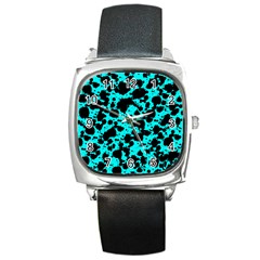 Bright Turquoise And Black Leopard Style Paint Splash Funny Pattern Square Metal Watch by yoursparklingshop