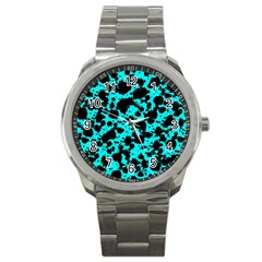 Bright Turquoise And Black Leopard Style Paint Splash Funny Pattern Sport Metal Watch by yoursparklingshop