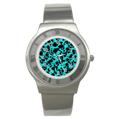 Bright Turquoise And Black Leopard Style Paint Splash Funny Pattern Stainless Steel Watch by yoursparklingshop