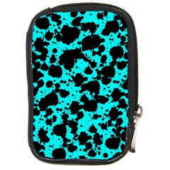 Bright Turquoise And Black Leopard Style Paint Splash Funny Pattern Compact Camera Leather Case by yoursparklingshop