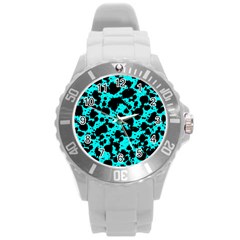 Bright Turquoise And Black Leopard Style Paint Splash Funny Pattern Round Plastic Sport Watch (l) by yoursparklingshop