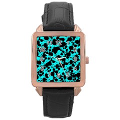 Bright Turquoise And Black Leopard Style Paint Splash Funny Pattern Rose Gold Leather Watch  by yoursparklingshop