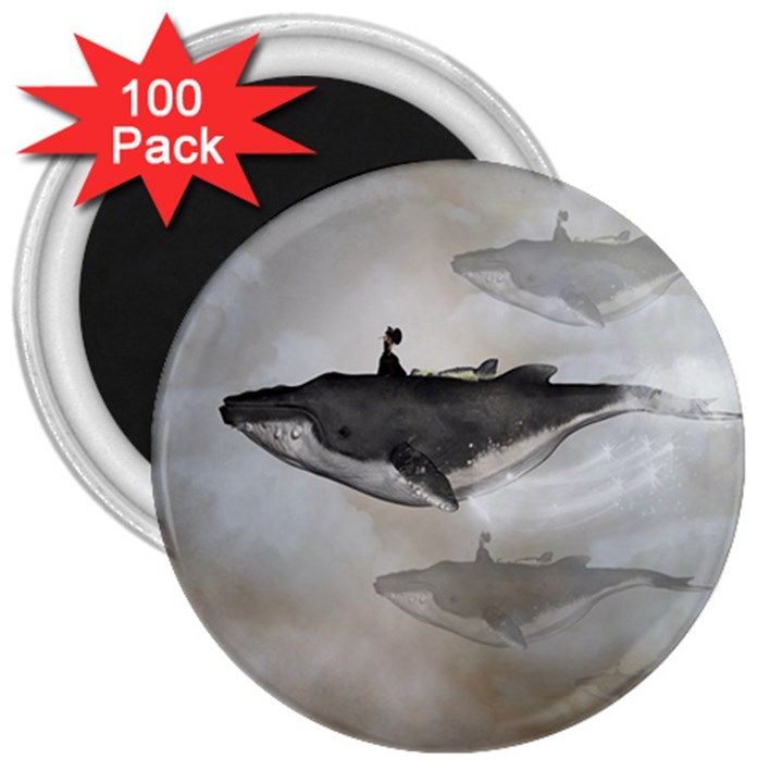 Awesome Fantasy Whale With Women In The Sky 3  Magnets (100 pack)