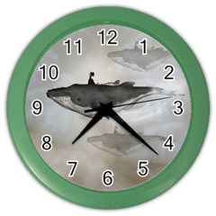 Awesome Fantasy Whale With Women In The Sky Color Wall Clock by FantasyWorld7