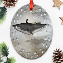 Awesome Fantasy Whale With Women In The Sky Ornament (oval Filigree) by FantasyWorld7