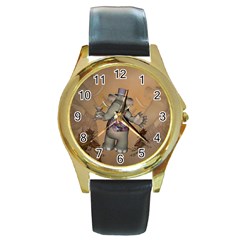 Funny Cartoon Elephant Round Gold Metal Watch by FantasyWorld7