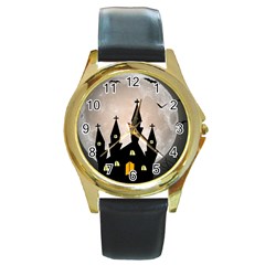 Halloween Illustration Decoration Round Gold Metal Watch by Pakrebo